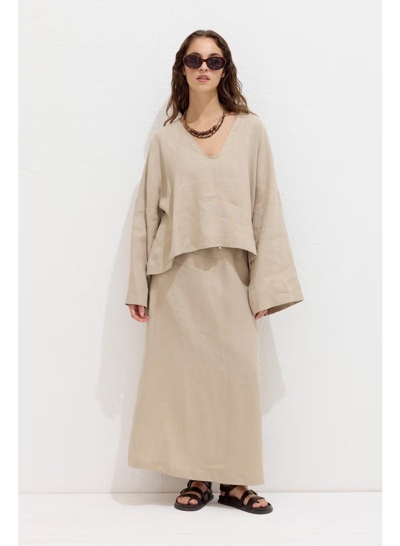 Manuka Premium V-Neck Linen Blouse Sand - Image 2